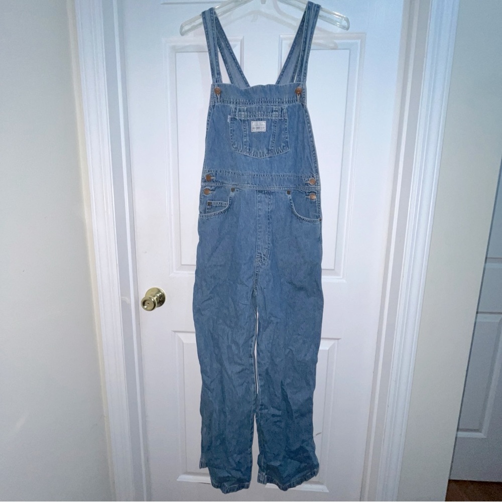 Girls LEVI’S DENIM BLUE JEAN OVERALLS size XL White Tab cotton button straps Vtg